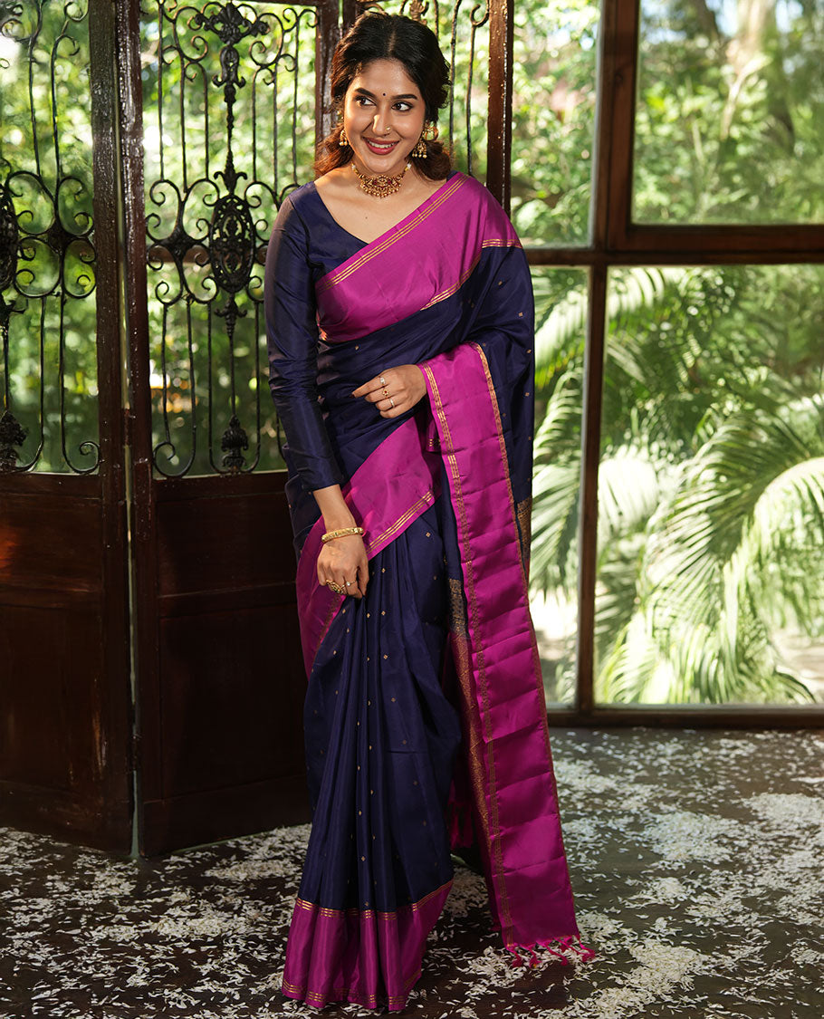 Blue Vasundhara Lite-Silk Mix Saree, Beautifully Decorated with Zari Buttas All Over Its Body, Complemented by Contrast Rettai Pettu Border of Zari Stripes, Pallu Accentuated with Jaal Designs, and Paired with a Contrast Blouse