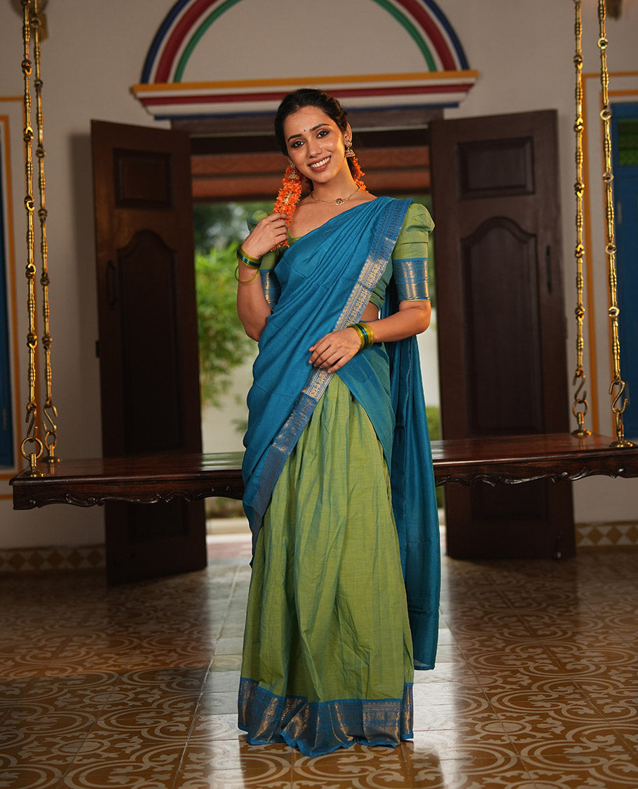 Liril Green-Firozi Blue Chettinad Cotton Half-Saree Featuring Plain Skirt, Contrast Traditional Border, Matching Blouse, Syska Georgette Dhavani