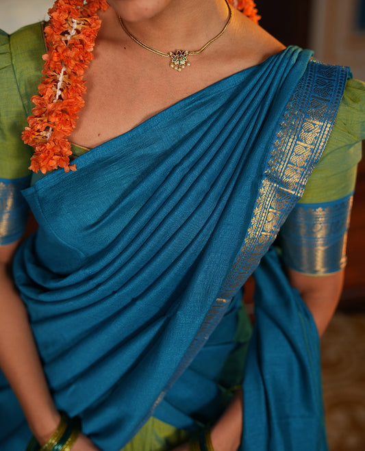Liril Green-Firozi Blue Chettinad Cotton Half-Saree Featuring Plain Skirt, Contrast Traditional Border, Matching Blouse, Syska Georgette Dhavani