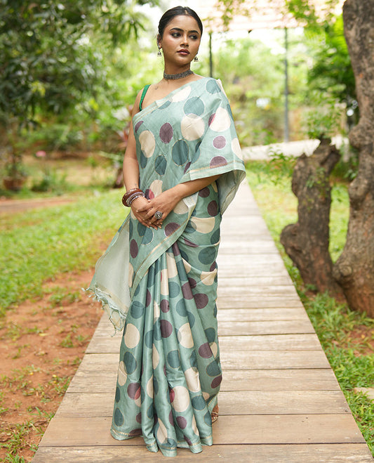 Olive Green Fancy Tussar Saree With Polka Dots, Zari Border, Pallu, and Blouse