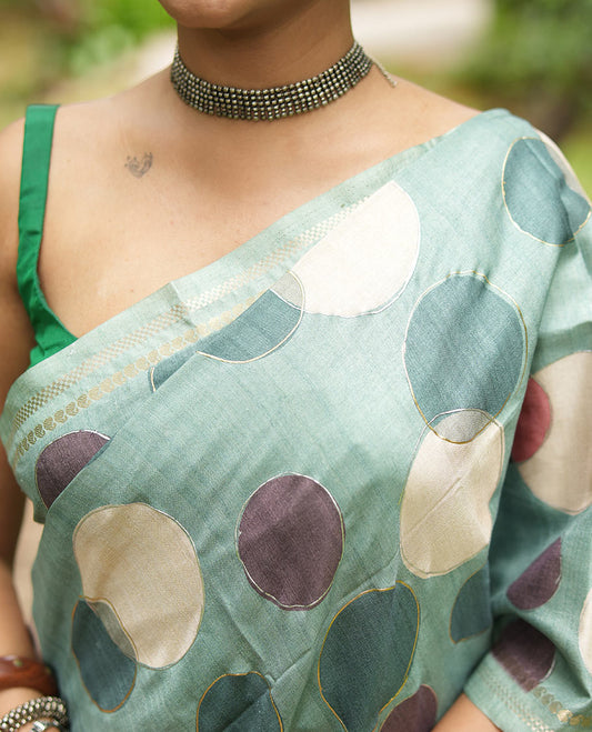 Olive Green Fancy Tussar Saree With Polka Dots, Zari Border, Pallu, and Blouse