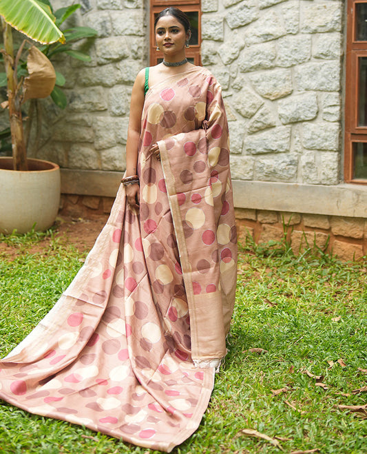 Brown Fancy Tussar Saree With Polka Dots, Zari Border, Pallu, and Blouse