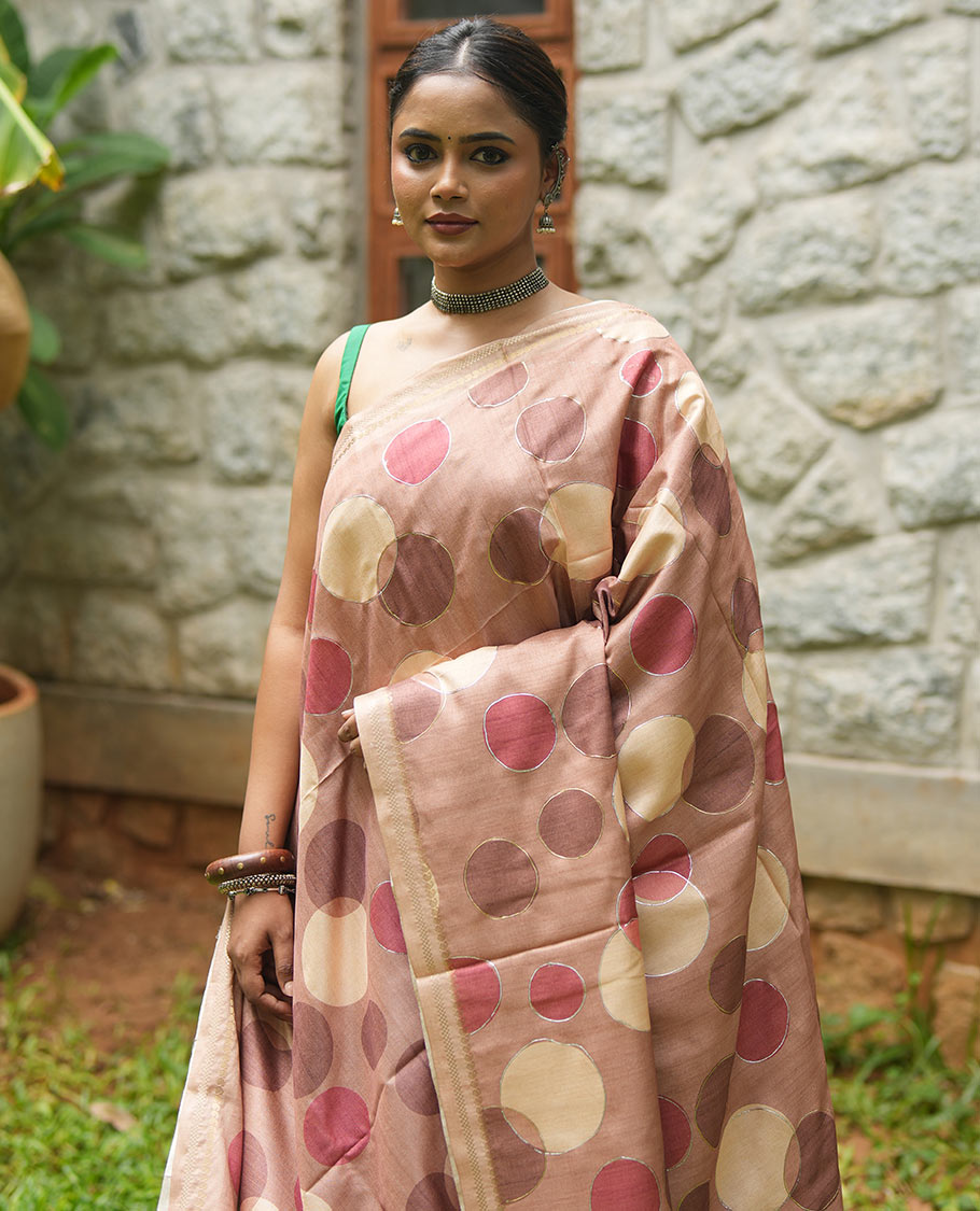 Brown Fancy Tussar Saree With Polka Dots, Zari Border, Pallu, and Blouse