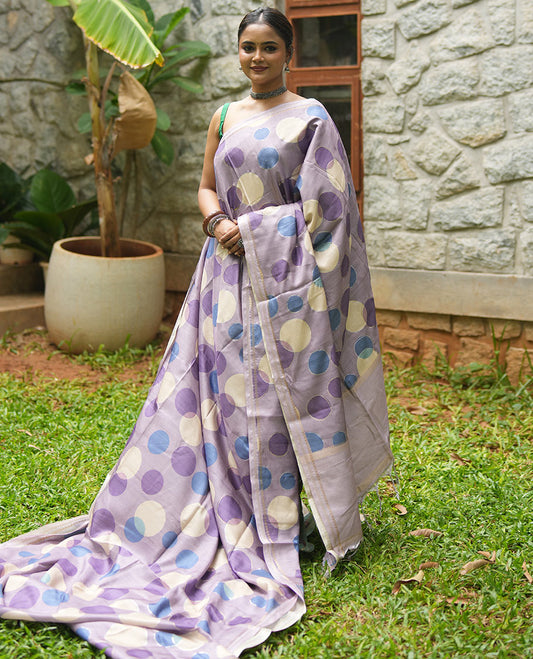 Lavender Fancy Tussar Saree With Polka Dots, Zari Border, Pallu, and Blouse