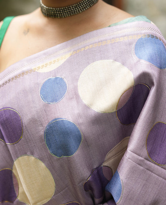 Lavender Fancy Tussar Saree With Polka Dots, Zari Border, Pallu, and Blouse