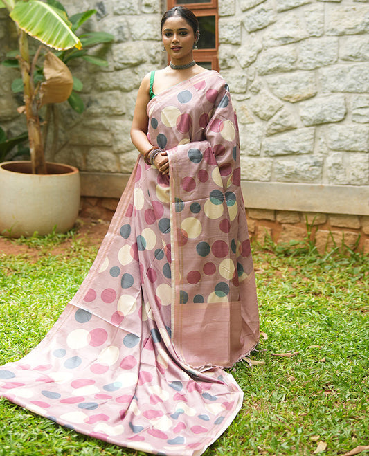 Onion Pink Fancy Tussar Saree With Polka Dots, Zari Border, Pallu, and Blouse