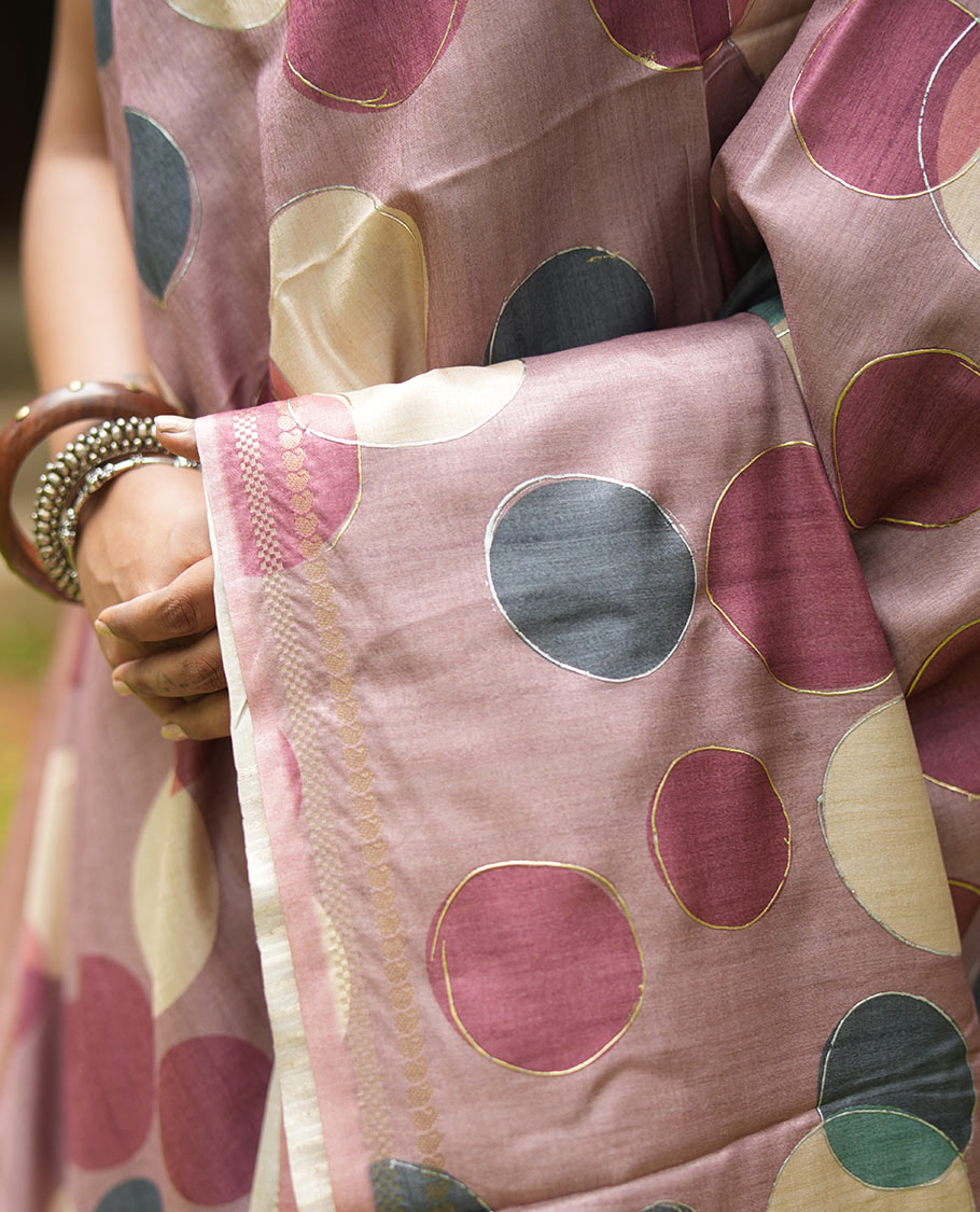 Onion Pink Fancy Tussar Saree With Polka Dots, Zari Border, Pallu, and Blouse