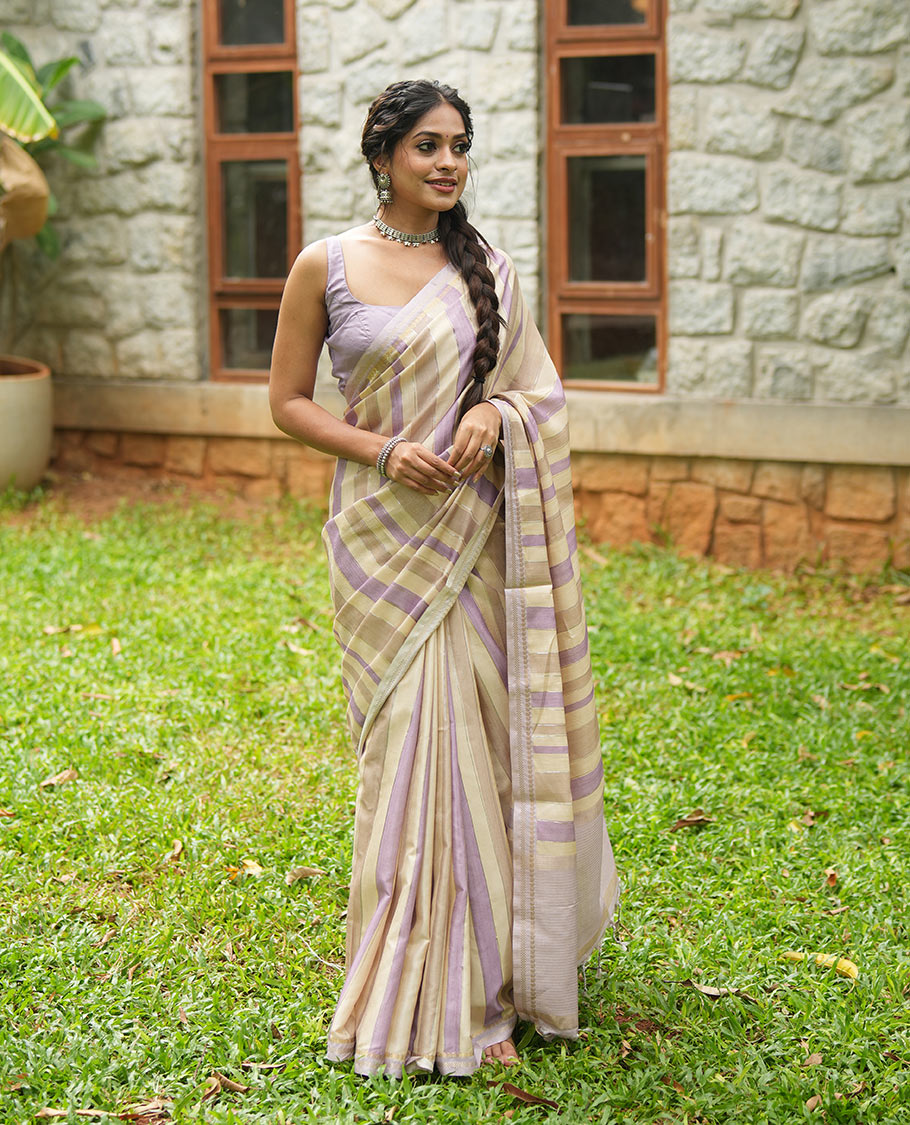 Chikku-Lavender Fancy Tussar Silk With Stripes, Zari Border, Pallu, and Blouse