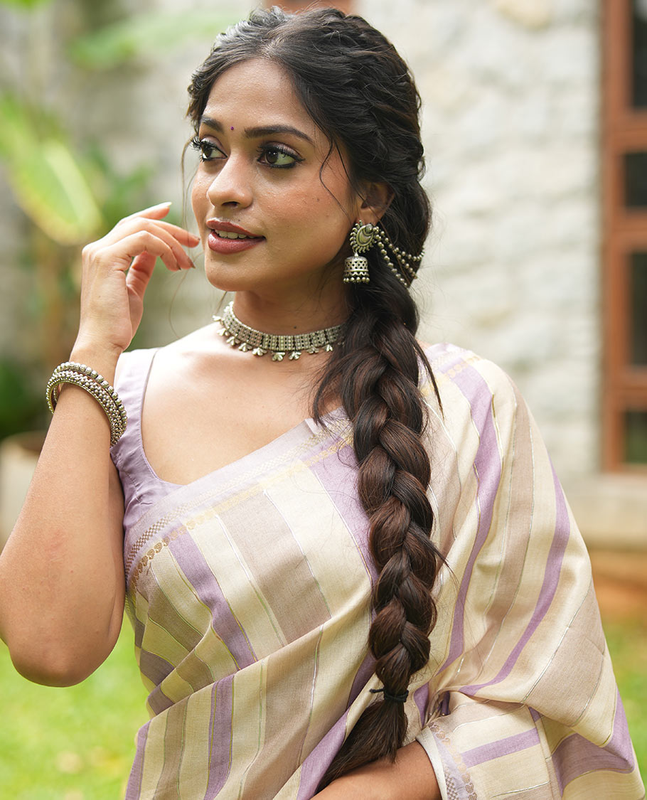 Chikku-Lavender Fancy Tussar Silk With Stripes, Zari Border, Pallu, and Blouse