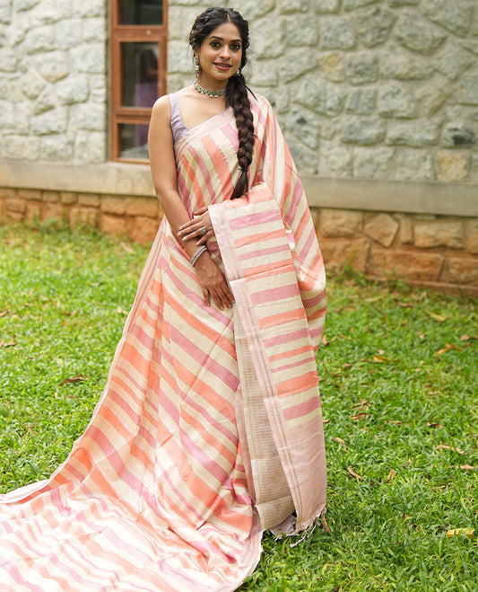 Chikku-Peach Fancy Tussar Silk With Stripes, Zari Border, Pallu, and Blouse
