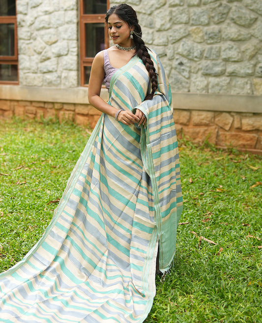 Chikku-Rama Blue Fancy Tussar Silk With Stripes, Zari Border, Pallu, and Blouse