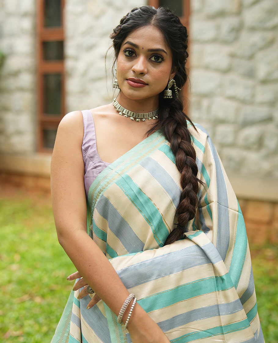 Chikku-Rama Blue Fancy Tussar Silk With Stripes, Zari Border, Pallu, and Blouse