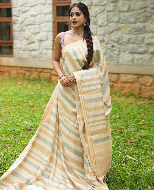 Chikku-Mustard Fancy Tussar Silk With Stripes, Zari Border, Pallu, and Blouse