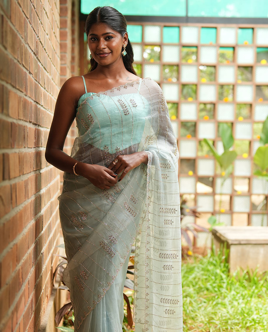 Sky Blue Swarovski and Meena Stonework Organza Designer Saree with Scallop Border, Matching Blouse