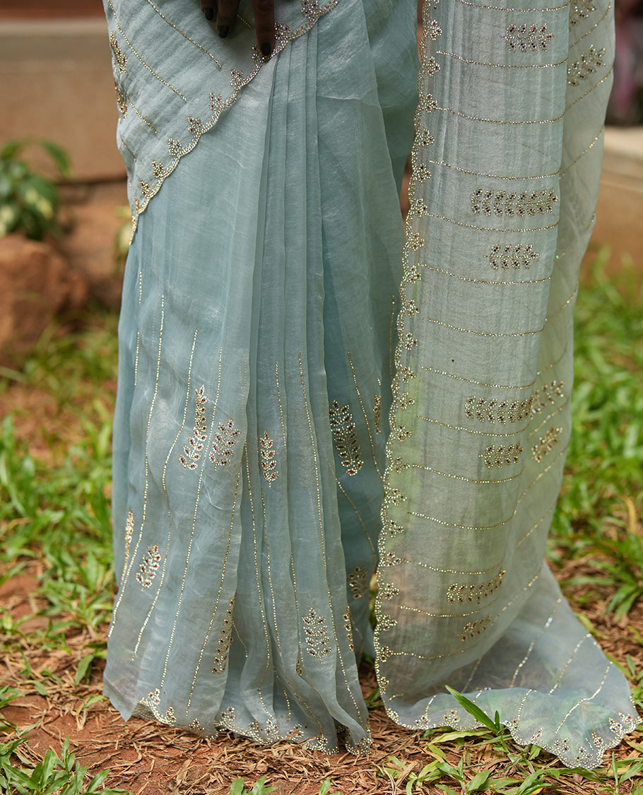 Sky Blue Swarovski and Meena Stonework Organza Designer Saree with Scallop Border, Matching Blouse