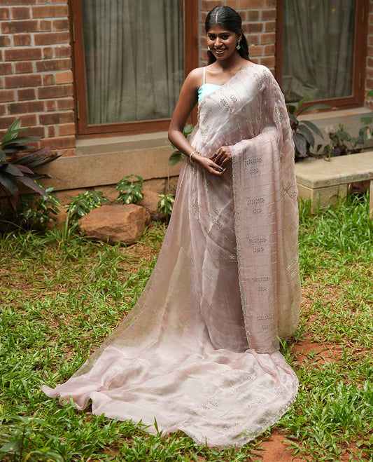 Peach Swarovski and Meena Stonework Organza Designer Saree with Scallop Border, Matching Blouse