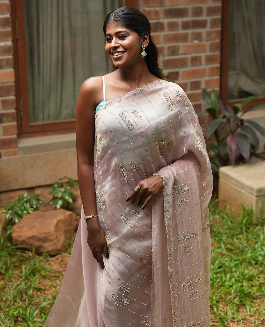 Peach Swarovski and Meena Stonework Organza Designer Saree with Scallop Border, Matching Blouse