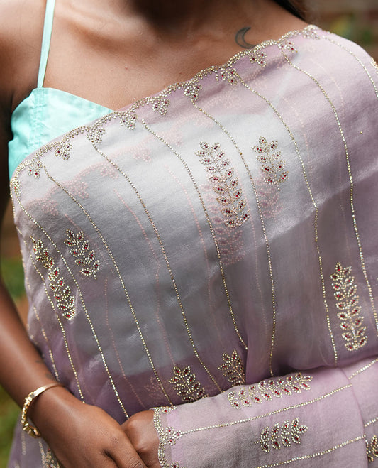 Lavender Swarovski and Meena Stonework Organza Designer Saree with Scallop Border, Matching Blouse