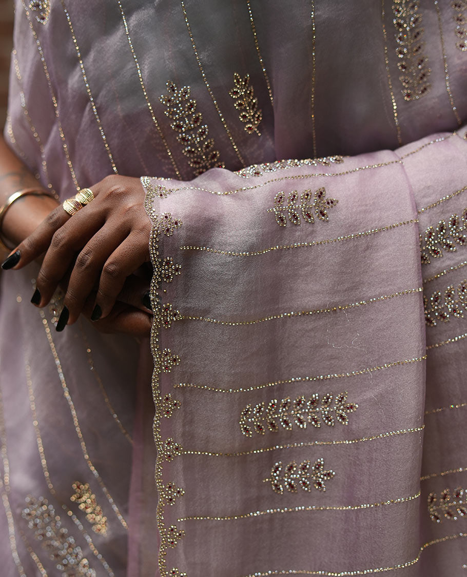 Lavender Swarovski and Meena Stonework Organza Designer Saree with Scallop Border, Matching Blouse