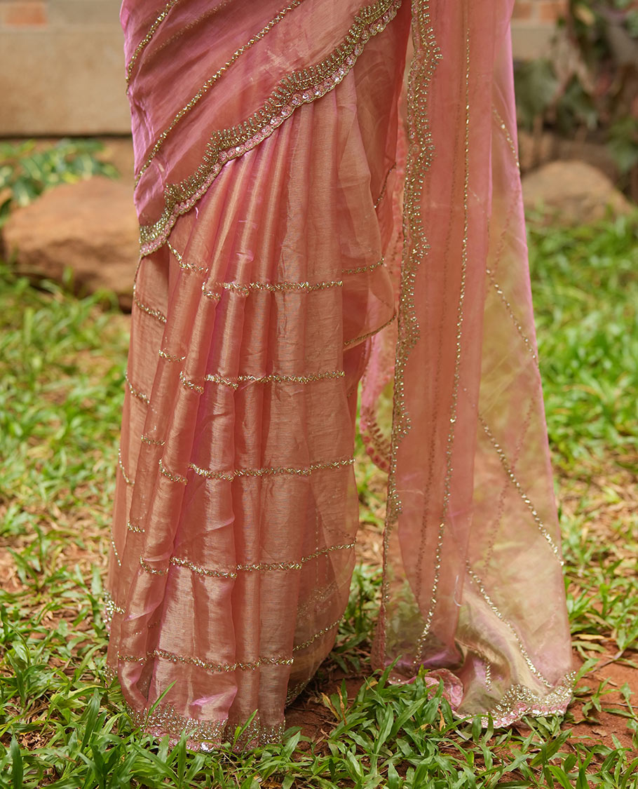 Pastel Pink Stone-Kardana Work Organza Designer Saree with a Scallop Embroidery Border, Matching Blouse