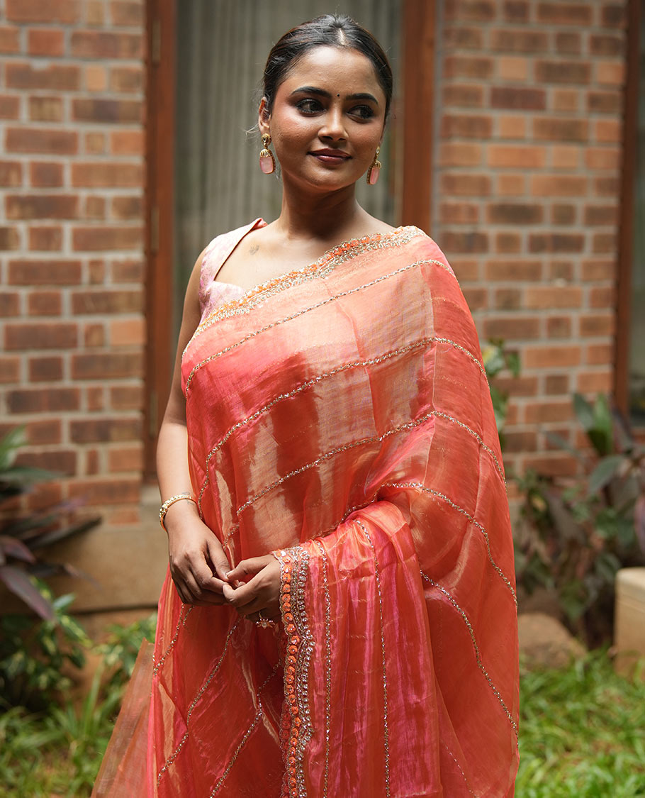 Dusky Peach Stone-Kardana Work Organza Designer Saree with a Scallop Embroidery Border, Matching Blouse