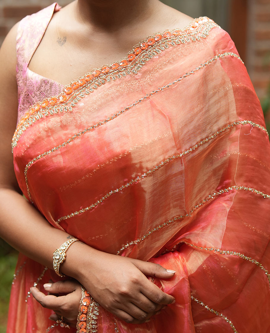 Dusky Peach Stone-Kardana Work Organza Designer Saree with a Scallop Embroidery Border, Matching Blouse