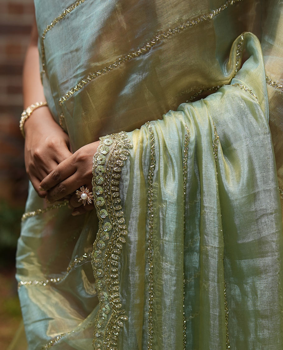 Pista Green Stone-Kardana Work Organza Designer Saree with a Scallop Embroidery Border, Matching Blouse