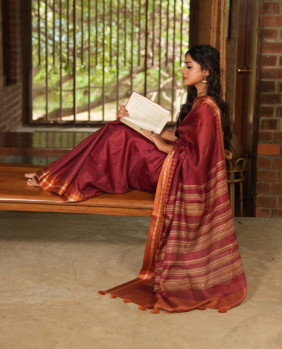 Maroon Kota Saree, Contrast Temple Thread Traditional Border, and a Contrast Blouse