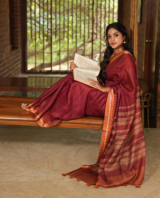 Maroon Kota Saree, Contrast Temple Thread Traditional Border, and a Contrast Blouse