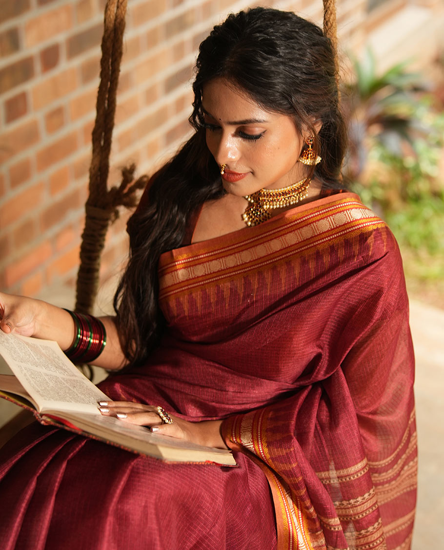 Maroon Kota Saree, Contrast Temple Thread Traditional Border, and a Contrast Blouse