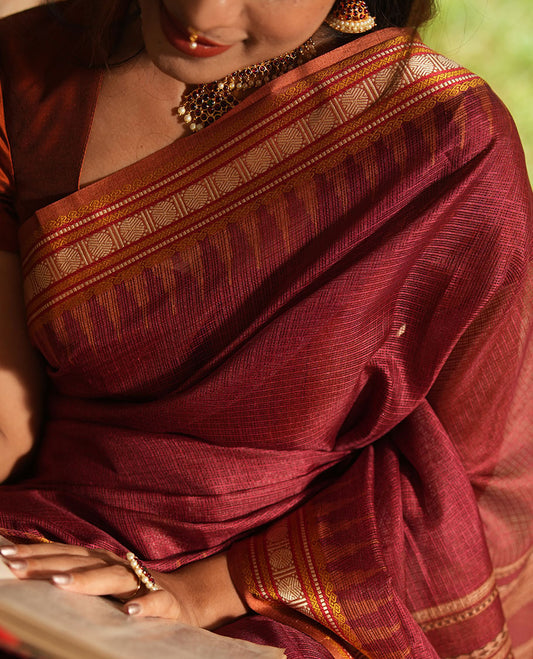 Maroon Kota Saree, Contrast Temple Thread Traditional Border, and a Contrast Blouse