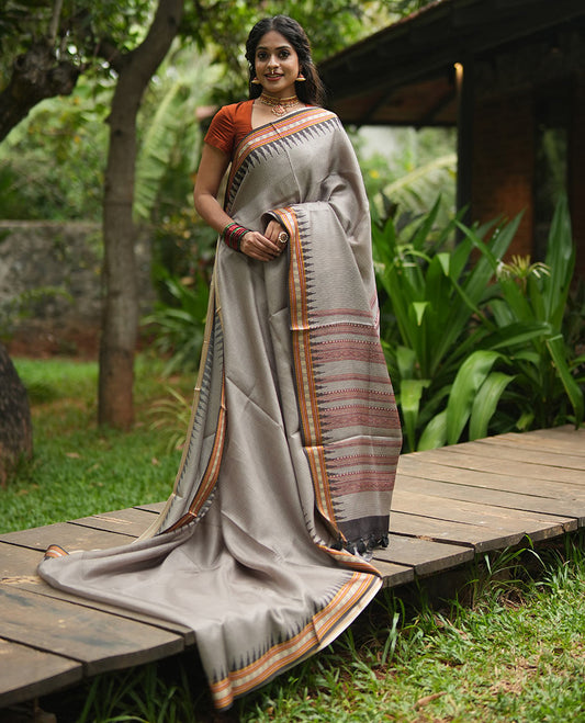 Grey Kota Saree, Contrast Temple Thread Traditional Border, and a Contrast Blouse