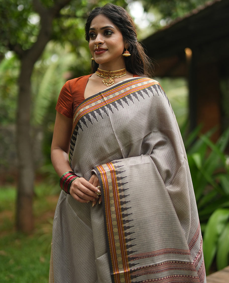 Grey Kota Saree, Contrast Temple Thread Traditional Border, and a Contrast Blouse