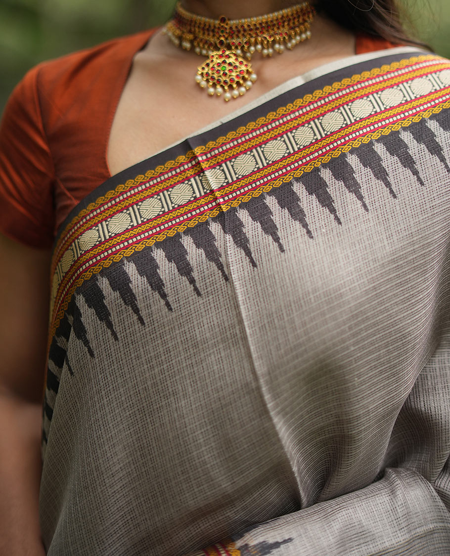 Grey Kota Saree, Contrast Temple Thread Traditional Border, and a Contrast Blouse