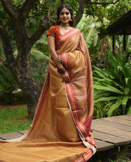 Mustard Kota Saree, Contrast Temple Thread Traditional Border, and a Contrast Blouse