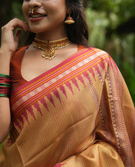 Mustard Kota Saree, Contrast Temple Thread Traditional Border, and a Contrast Blouse