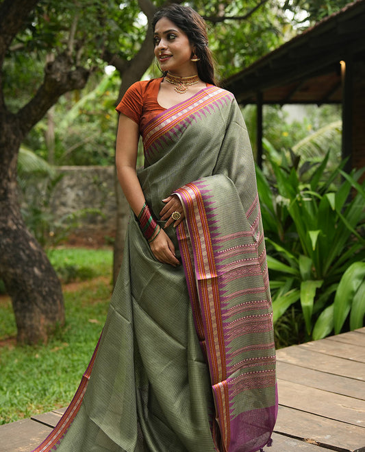 Olive Green Kota Saree,  a Contrast Temple Thread Traditional Border and Contrast Blouse