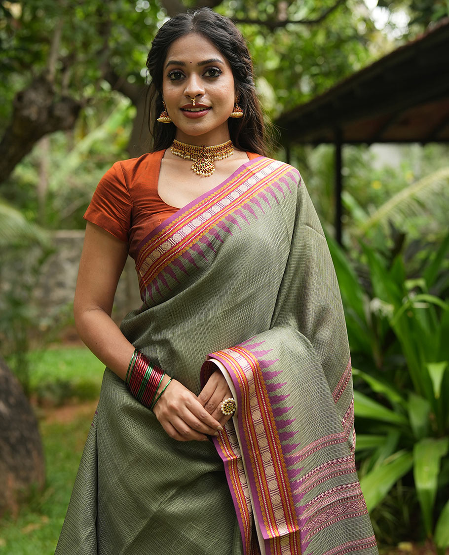 Olive Green Kota Saree,  a Contrast Temple Thread Traditional Border and Contrast Blouse