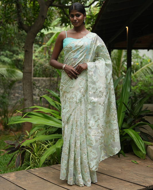 Sea Green Turkey Organza Saree Features Floral Gold-Glitter work, Scallop Border, Embroidered Blouse