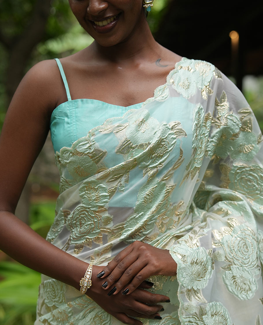 Sea Green Turkey Organza Saree Features Floral Gold-Glitter work, Scallop Border, Embroidered Blouse