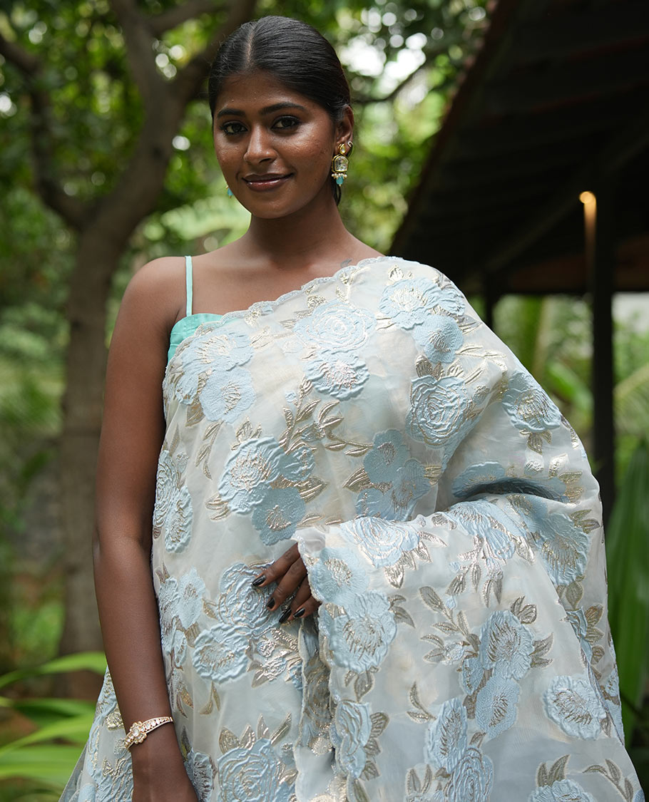 Sky Blue Turkey Organza Saree Features Floral Gold-Glitter work, Scallop Border, a Embroidered Blouse