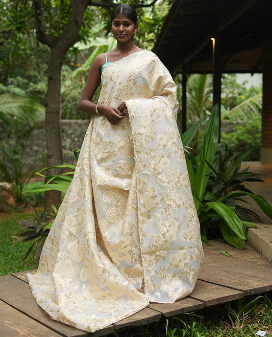 Gold Turkey Organza Saree Features Floral Gold-Glitter work, Scallop Border, Embroidered Blouse