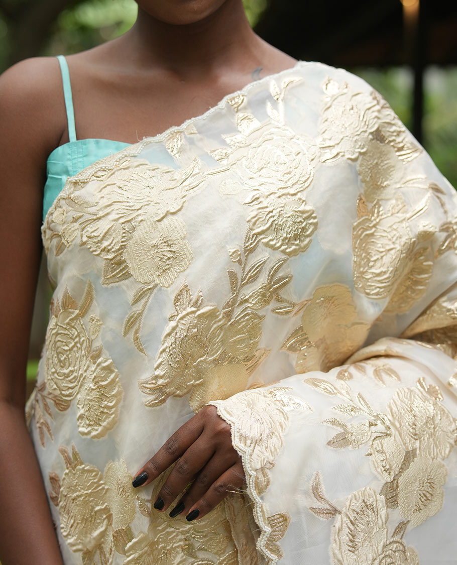 Gold Turkey Organza Saree Features Floral Gold-Glitter work, Scallop Border, Embroidered Blouse