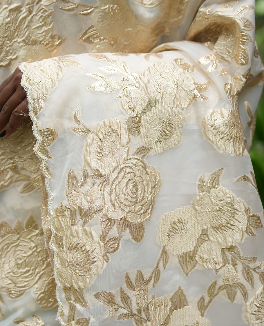 Gold Turkey Organza Saree Features Floral Gold-Glitter work, Scallop Border, Embroidered Blouse