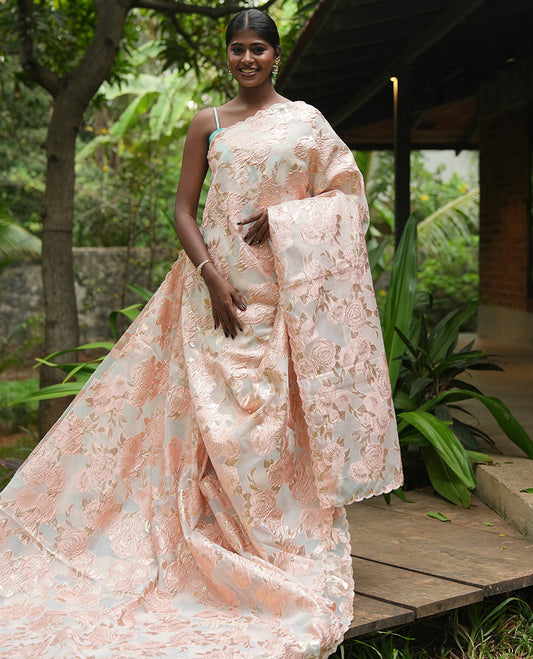 Peach Turkey Organza Saree, Floral Glitterwork, Scallop Border, Embroidered Blouse
