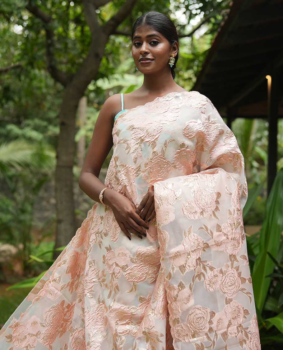 Peach Turkey Organza Saree, Floral Glitterwork, Scallop Border, Embroidered Blouse