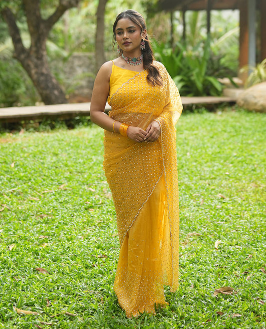 Mustard Organza Glass Tissue Designer Saree With Stonework, a Scallop Border, and a Matching Blouse