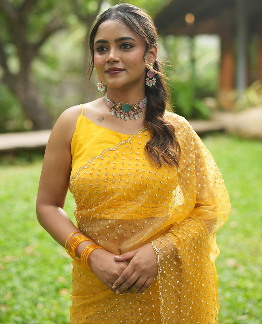 Mustard Organza Glass Tissue Designer Saree With Stonework, a Scallop Border, and a Matching Blouse