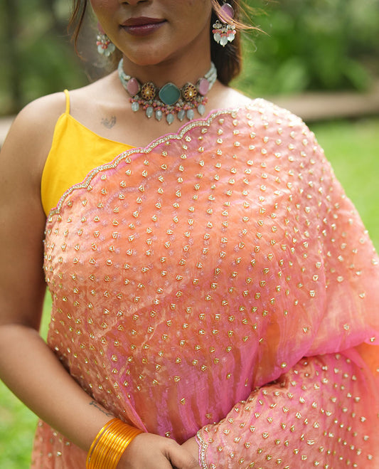 Pink Organza Glass Tissue Saree With Stonework, a Scallop Border, and a Matching Blouse