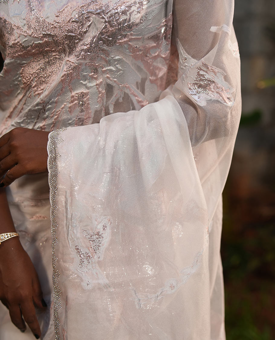 Silver Grey Turkey Organza Saree, Crafted with Floral-themed Rose Gold Threadwork, Swarovski Stonework Border, and Matching Blouse